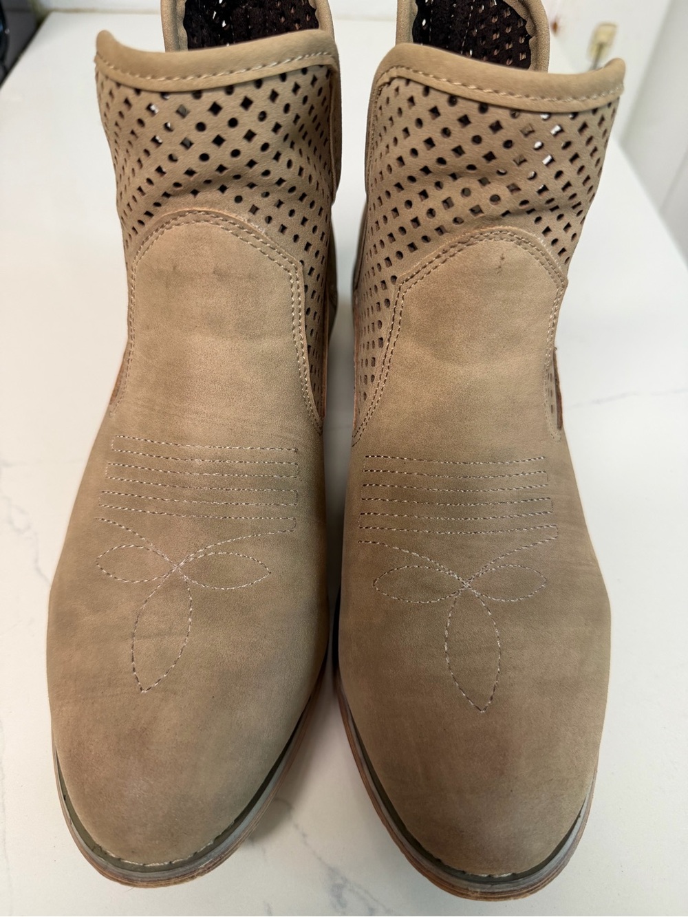 Altar'd State Tan Perforated Suede Ankle Booties.